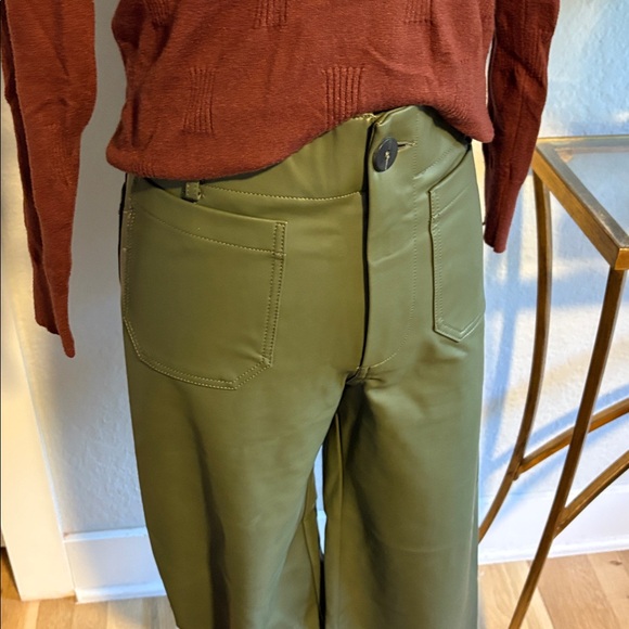 Maeve cropped wide leg, high waisted green faux leather pants. Size 27. - Picture 2 of 4